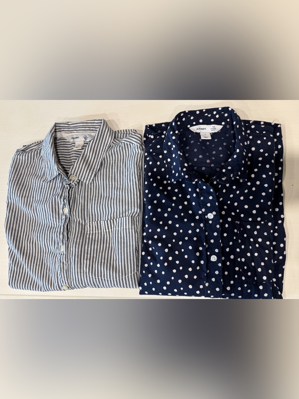 Old Navy Women’s Navy Polka Dot Button Down and Light Blue Striped Button Down